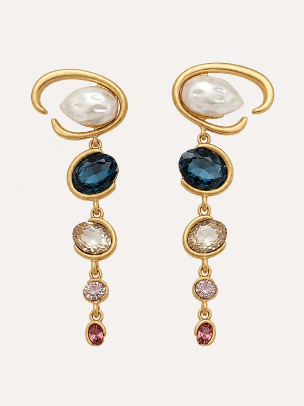 Oscar de la Renta Multicolor Crystal Pearl Drop Earrings Gold Statement